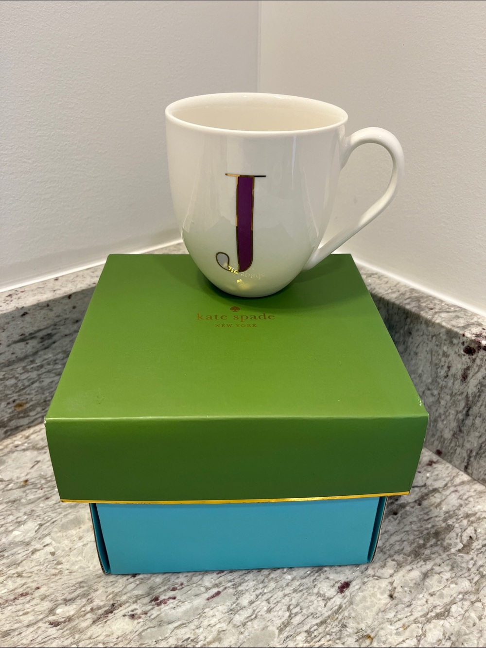 kate spade White Porcelain Mug with Purple Initial J and Gold Trim